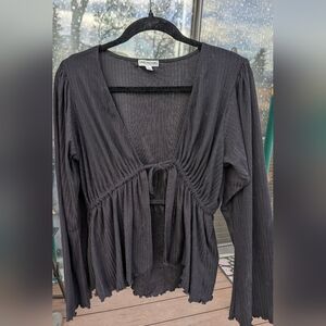 EARTHBOUND Black Ribbed Tie-Front Peplum Top